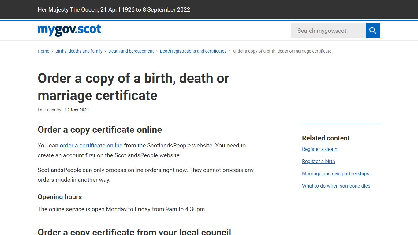 Order a copy of a birth, death or marriage certificate